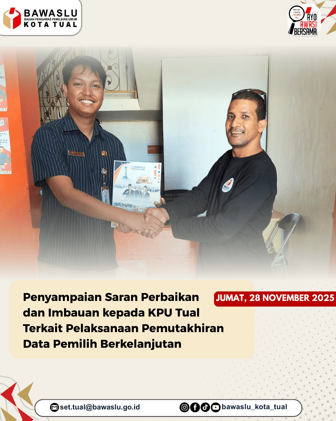 Bawaslu Kota Tual Sampaikan Saran Perbaikan dan Imbauan kepada KPU Kota Tual Terkait Pemutakhiran Data Pemilih Berkelanjutan